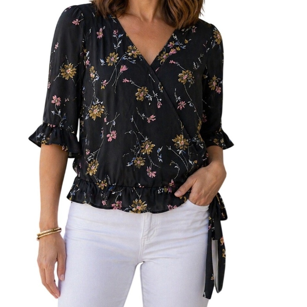 Sienna Sky Wrap Blouse Womens Small Black Floral Ruffle V-Neck Tie Waist Top